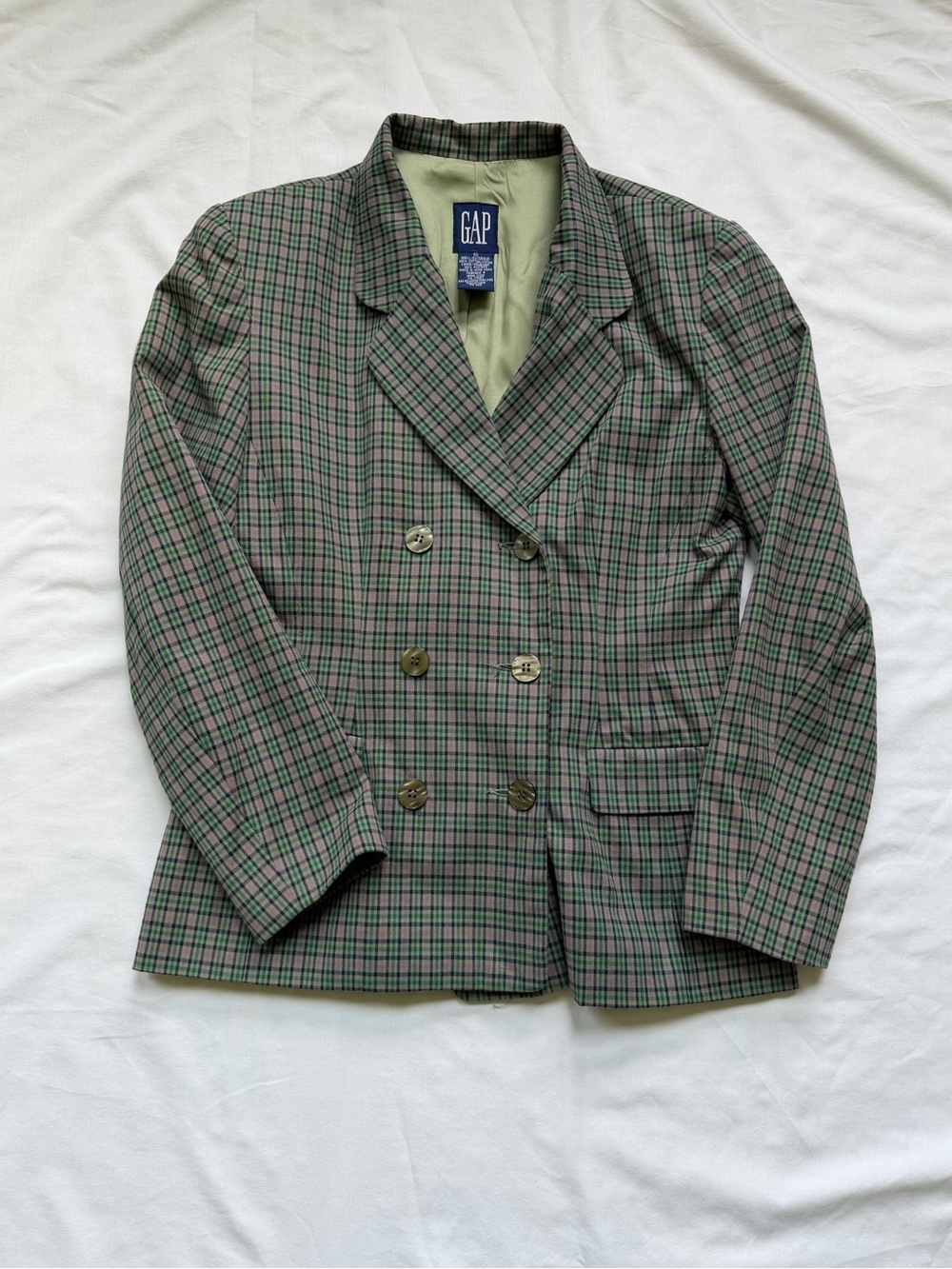 Vintage GAP Double Breasted Plaid Blazer 100% Cotton Women's Size 10 Green